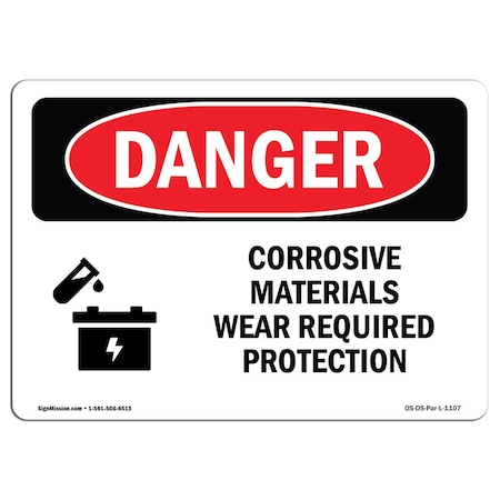 OSHA Danger, Corrosive Materials Wear Required Protection, 5in X 3.5in Decal